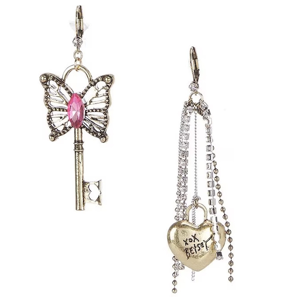 Betsey Johnson Boho Butterfly Lock & Key Mismatched Earrings New